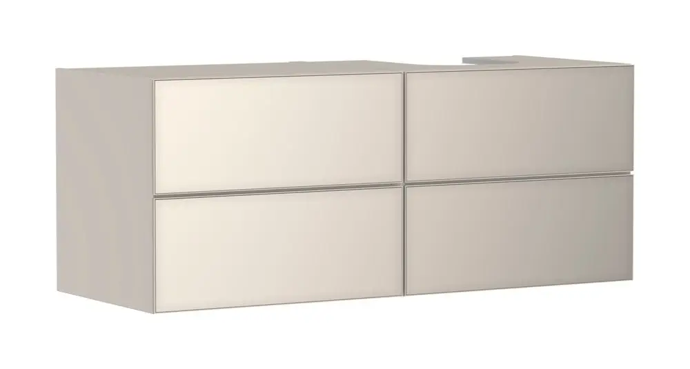 Heller Waschtischunterschrank von Hansgrohe mit vier Schubkästen. Schlichtes Design, geeignet für Konsolenwaschtische, ohne zusätzliche Maßangaben sichtbar.